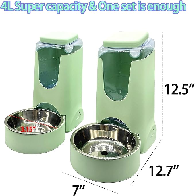 Pets Automatic Gravity Feeder Dogs 2.8L Food & 4L Water Dispenser Set with Stainless Steel Bowl for Small Medium Big Puppy Kitten(Light Green)