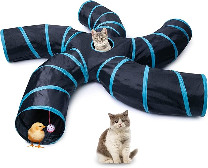 EGETOTA Cat Tunnel for Indoor Cats Large, with Play Ball S-Shape 5 Way Collapsible Interactive Peek Hole Pet Tube Toys, Puppy, Kitty, Kitten, Rabbit (Blue & Black)