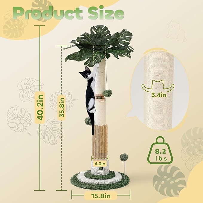 EMUST 40.2" Scratching Posts for Indoor Cats Adults, Cat Scratching Post with Nature Sisal Rope and Interactive Ball, Monstera Cat Scratch Post with Sturdy Base