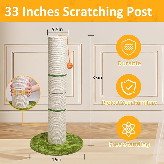 Nekosan Cat Scratching Post, 32 Inch Tall Scratching Post for Indoor Cats, 5.5 Inch Large Sisal Cat Scratcher Post, Cute Cat Scratcher with Interactive Cat Ball Toy, Protect Your Furniture, Beige