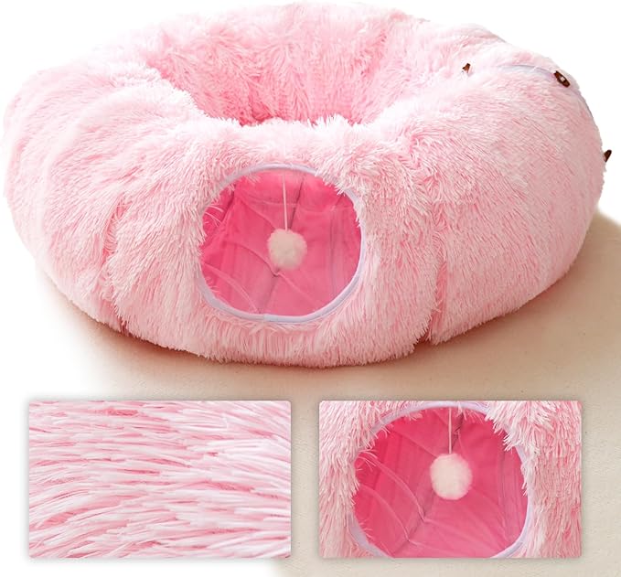 HIPIPET Winter Plush Cat Tunnel with Cat Bed for Indoor Cats,Multifunctional Cat Toys for Small Medium Large Cat.(Pink)