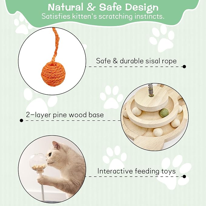 Fhiny Cat Scratching Posts, Interactive Cat Toys for Indoor Cats Sisal Rope Kitten Scratcher with Cat Treat Dispenser 2-Layer Wooden Cat Turntable & Interactive Balls Dangling Ball for Cats Kittens