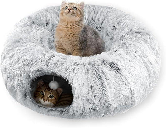 Cat Tunnel Bed for Indoor Cats with Washable Cushion Cat Cave Donut Tunnel with Fluffy Ball Big Round Tube Pet Playground Toys Soft Plush Peekaboo for Kitten, Cat, Puppy, Rabbit, Ferret