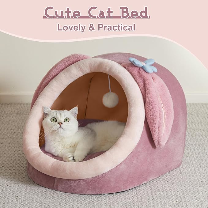 Jiupety Cat Bed Cave, Pink Cat Bed for Indoor Cats，Soft Cozy Cat Bed Cave Fit for Many Cats and Puppy, Pink Rabbit, L.