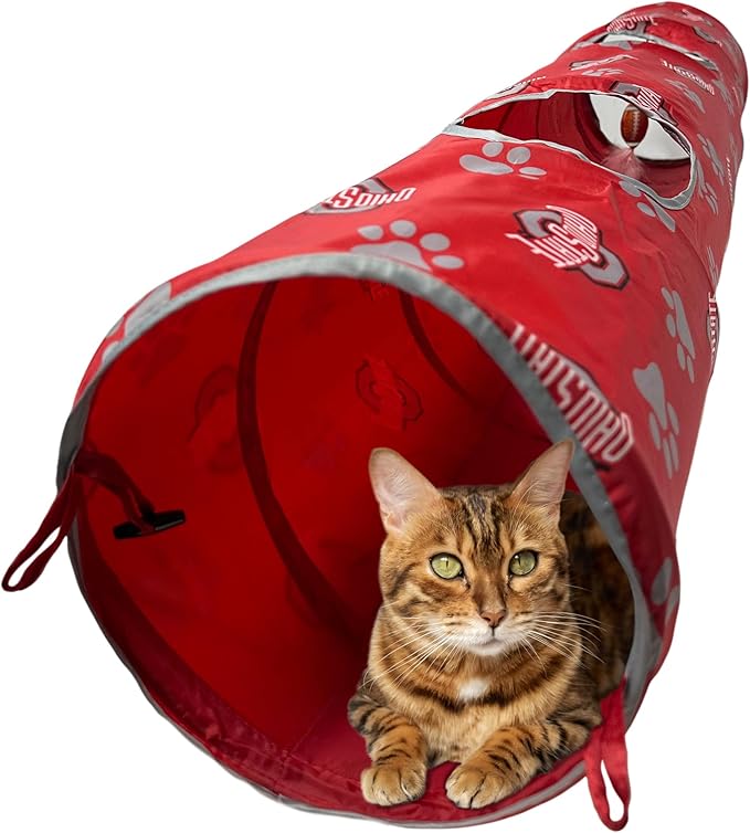 NCAA Ohio State Buckeyes Cat Tunnel Tube Toy with Plush Football Catnip and Feathers