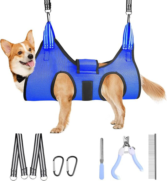 Upgrade Dog Grooming Hammock with Belt Pasteable,Dog Sling for Nail Trimming,Dog Hammock for Nail Trim,Dog Holder for Grooming,Relaxing/Safe Dog Harness for Large Dogs,Dog Grooming Kit at Home(Blue)