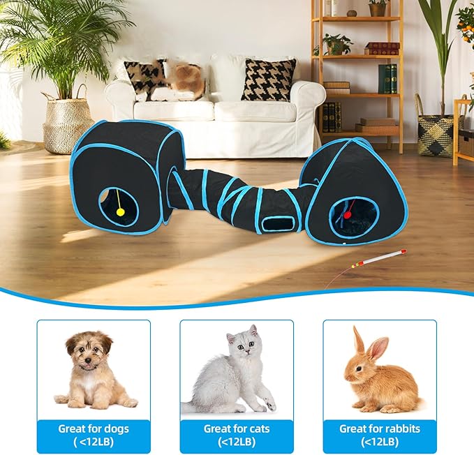Cat Tunnels for Indoor Cats, Cat Tent, Cat Cube and Feather Cat Toy Collapsible Combo, with Interactive Cat Toy Ball, Cat Toy Set for Indoor Cat, Ferret, Guinea Pig, Rabbit, Bunny, Blue