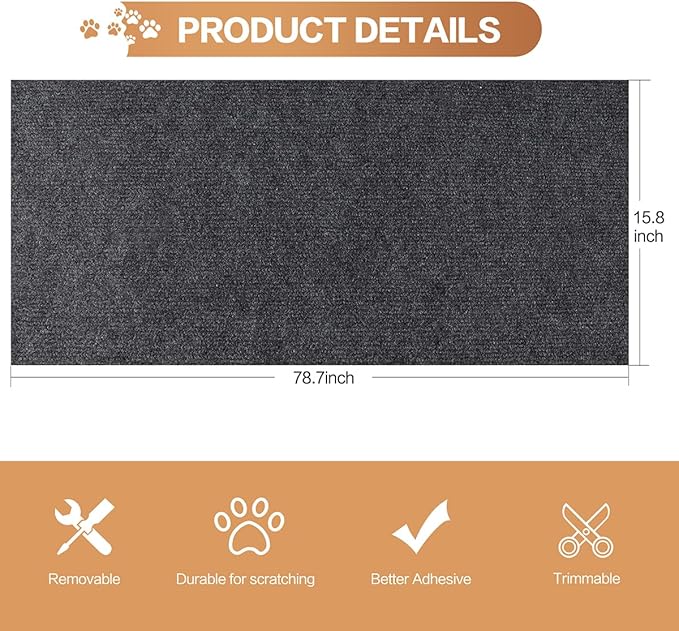 Trimmable Cat Scratching Mat, 78.7"x15.8" Self-Adhesive Cat Scratching Post Pad, Cat Tree Shelves Cover Replacement, DIY Versatile Protector for Steps, Couch and Furniture