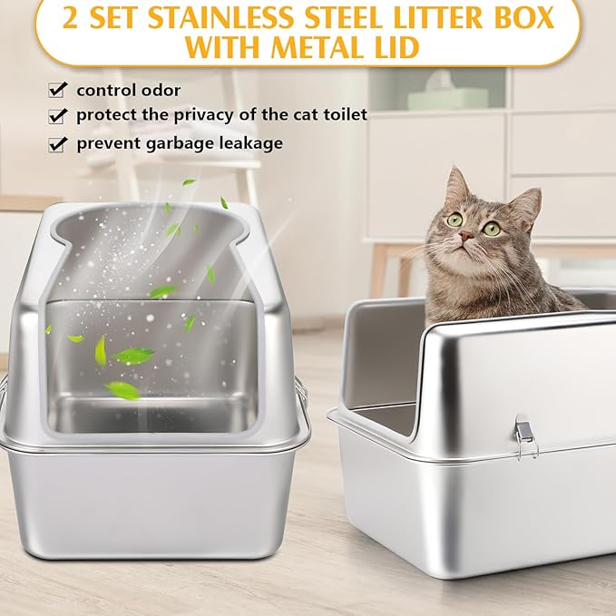 2 Set Stainless Steel Cat Litter Box with Metal Lid and Scoop Enclosed Metal Litter Box for Large Cats Extra Large Stainless Steel Litter Box for All Cats Odor Control, Easy to Clean