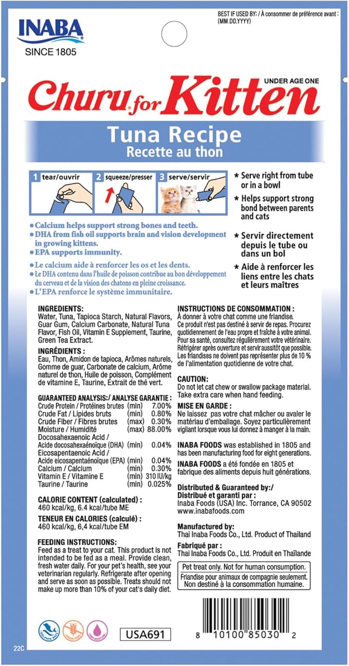 INABA Churu for Kittens, Creamy, Purée Lickable Cat Treats with DHA, EPA, Vitamin E & Taurine, 0.5 Ounces Each, 24 Tubes (4 per Pack), Tuna Recipe