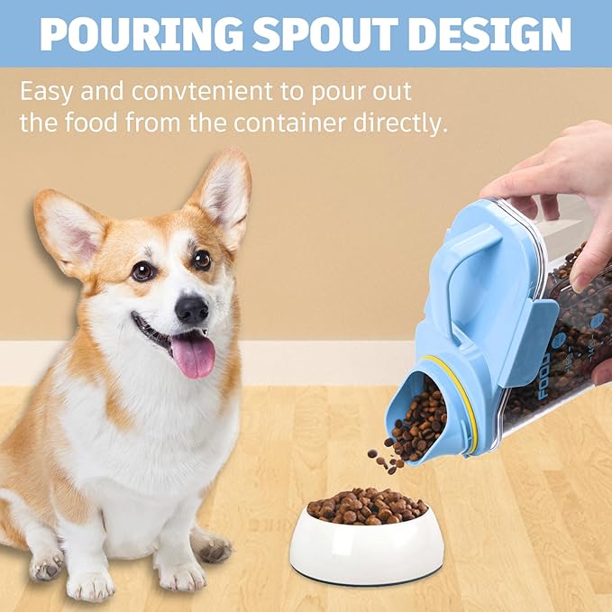 Dog Food Storage Container 3-5lbs, Dog Food Container with Airtight Pour Spout, Cat Food Storage Container with Measuring Cups, Portable Pet Food Storage Container for Dogs, Cats, Birds（Blue）