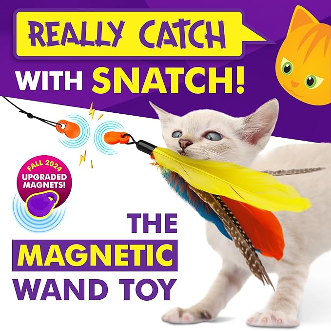 Snatch - Magnetic Cat Wand Toy - Telescoping, Durable Cat Feather Toy - Cat Fishing Pole Toy - Teaser Wand String Toy - Heavy Duty Cat Stick Toy - Cats Can Really Catch!
