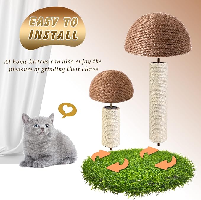 Cat Scratching Post - Mushroom Cat Scratcher Featuring with Natural Sisal Caps Scratch Pole and Sturdy Base for Kittens & Small Cats - Brown