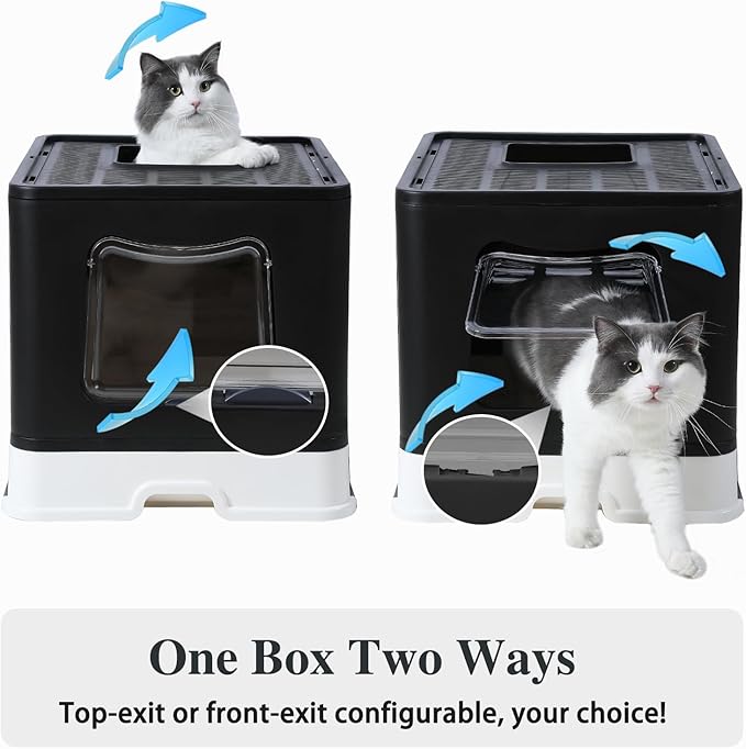 Bolux Foldable Cat Litter Box with Lid, Extra Large Litter Box with Cat Litter Scoop, Drawer Type Cat Litter Pan Easy to Scoop & Low Tracking (Black XL)