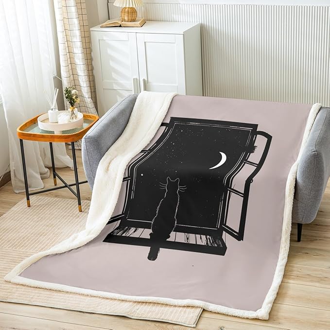 Pet Cats Sherpa Blanket Cute Animals Fleece Throw Blanket for Sofa Couch Bed Cat Sitting On The Window Plush Blanket Moon Star Black White Fuzzy Blanket Grey Bedroom Decor Twin 60"x80"