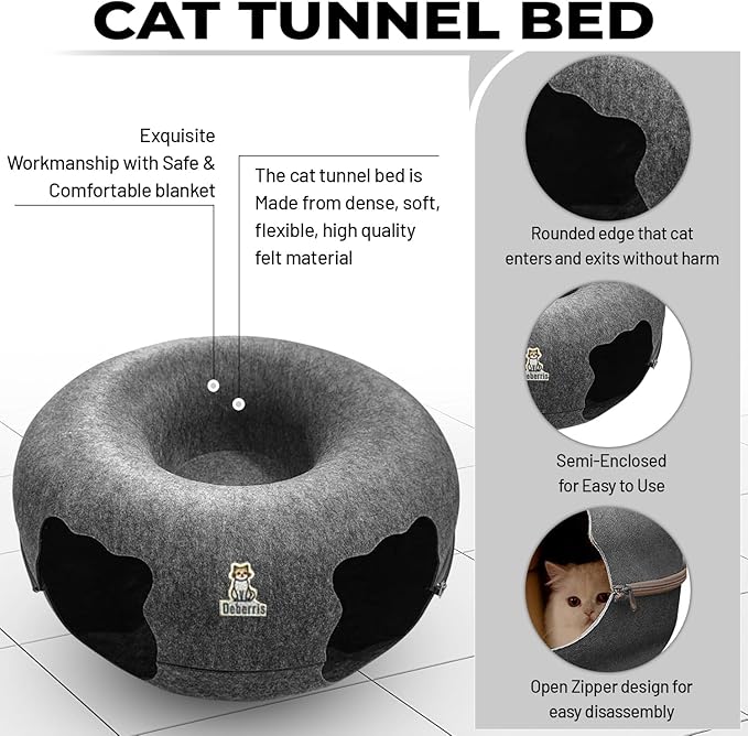 Peekaboo Cat Tunnel Bed-Large, Scratch-Resistant Donut Cave for Indoor Cats Up to 30-45 lbs, Detachable & Washable Design, Perfect Cozy Play & Rest Spot for Cats and Small Dogs (Dark Grey, Large)