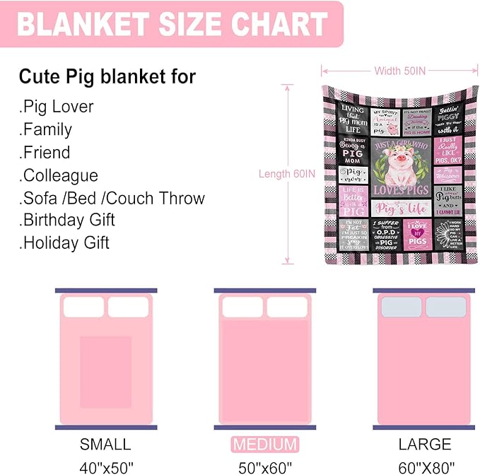 Pig Gifts, Best Pig Gift for Pig Lovers Women/Girls, Pig Decor for Pig Lover, Pig Lover Gifts, Cute Cartoon Pig Print Blanket, Pig Mom Gift, Pig Inspiration, Pig Themed Gift Throw 50"x60"