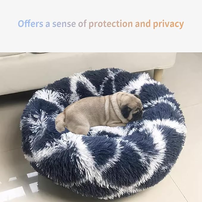Dog Bed for Indoor, Faux Fur Calming Dog & Cat Bed 24' Anti-Anxiety Donut Soft Plush Cushion for Small Medium Dogs & Cats with Slip-Resistant Bottom(Cyan+White)