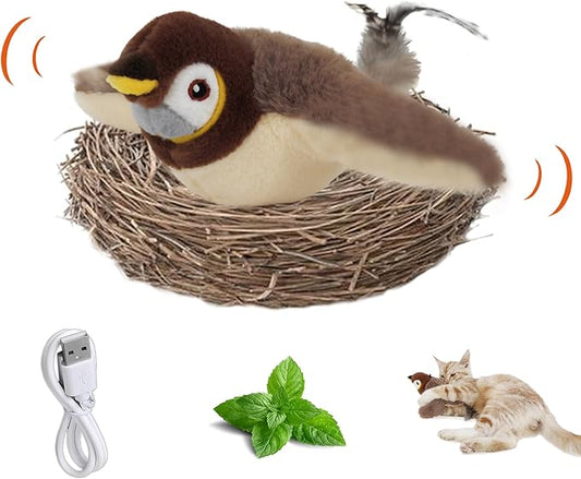 Flapping Bird Cat Toy, Rechargeable Lifelike Interactive Bird Cat Toys for Indoor Cats, Flapping Wings & Lively Chirping, Automatic Catnip Toys for Kitten Self Play Touch Activated (Sparrow)