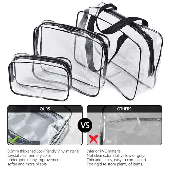 4Pcs Crystal Clear PVC Travel Toiletry Bag Kit for Women Men, Waterproof Vinyl Packing Organizer Storage Bags with Zipper Handle Straps, Cosmetic Pouch Carry on Airport Airline Compliant Bag Handbag