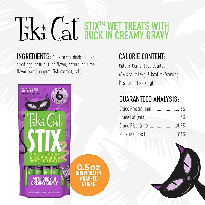Tiki Cat Stix Mousse Treats, Single Serve Indulgent Lickable Treat or Dry Food Topper, with Duck in Creamy Gravy, 3 oz. Pouch (Pack of 6)