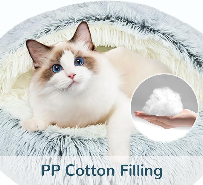 Cat Bed Round, Hooded Cat Bed Cave Fluffy Dog Beds, Cozy Donut Anti Anxiety Dog Bed for Small Dog and Cat, Gifts for Cat Lovers(20×20inch, Grey)