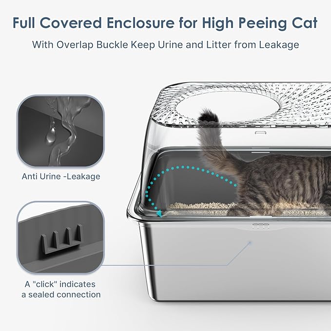 8" Deep Stainless Steel Litter Box with Lid, Top Entry Cat Litter Box for Dog-Proof, Enclosed Cat Litter Box with Footboard, Odor Control, Anti-Leakage, Non-Sticky, Easy Cleaning (Charcoal Gray)