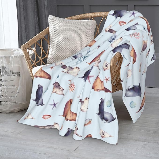 Sea Lion Blanket Throw 50"x40", Plush Flannel Sea Animals Blanket, Soft Warm Decorative for Kids Women