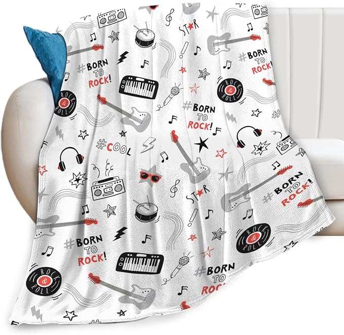 Rock and Roll Band Throw Blanket Music Electric Guitar Piano Drum Print Blankets Gifts Couch Sofa Bed Stuff Decor Soft Cozy Fleece Plush Flannel Bedding for Lover Men Women Musician Adults 50"x60"
