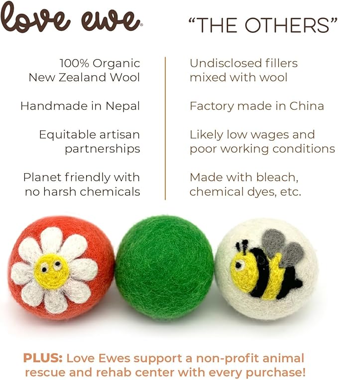 Hustle & Blush Wool Felt Balls 3 Pack Love Ewe Pet Supplies - 2in Felted Wool Cat Toys 100% New Zealand Wool Felt Cat Toys Handmade Wool Felt Balls, Colorful Wool Balls for Cats - Flower and Bee
