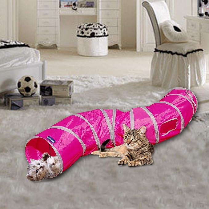 PetLike S Way Cat Tunnel Collapsible Pop-up Pet Tube Hideaway Play Toy with Ball (S-Way, Rose Red)