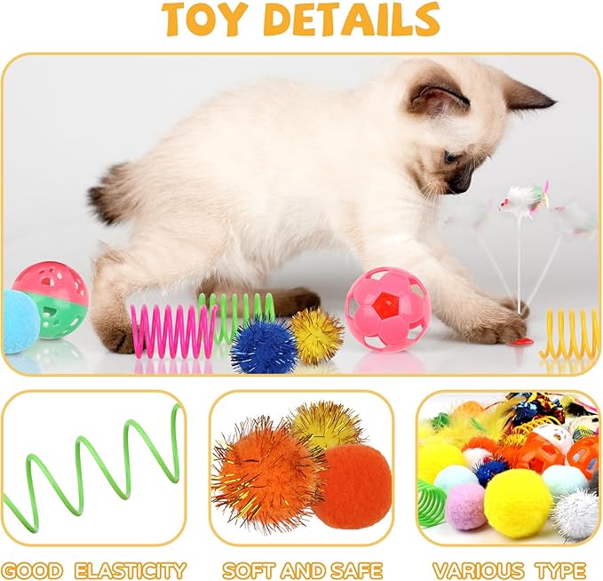 Cat Toys Kitten Toys Assortments, 32 Packs Interactive Cat Toy Variety Pack for Kitty, Cat Wand Toy, Cat Crinkle Balls Bell Balls with Bells, Cat Spring Toy, Catnip Toys for Indoor Cats Kitten