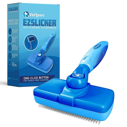PetLovers EzSlicker Self-Cleaning Brush - Dog Brush for Shedding, Gentle Slicker Brush for Cats, Tangle-Free Grooming Comb with Soft Bristles & Ergonomic Handle for Stress-Free Grooming