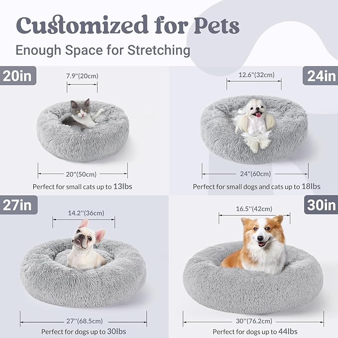 rabbitgoo Cat Beds for Indoor Cats, 20 inches Cat Bed Machine Washable, Fluffy Round Pet Bed Non-Slip, Calming Soft Plush Donut Cuddler Cushion Self Warming for Small Dogs Kittens, Light Grey, Medium