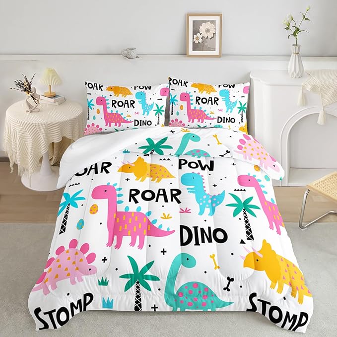 Axolotl Girls Bedding Cartoon Dinosaur Comforter Set Full Size,Cute Dinosaur Bedding Set for Girls Teens Kids Boys Adults Room Decor,Kids Comforter Set All Season,1 Quilt 2 Pillow Cases,White