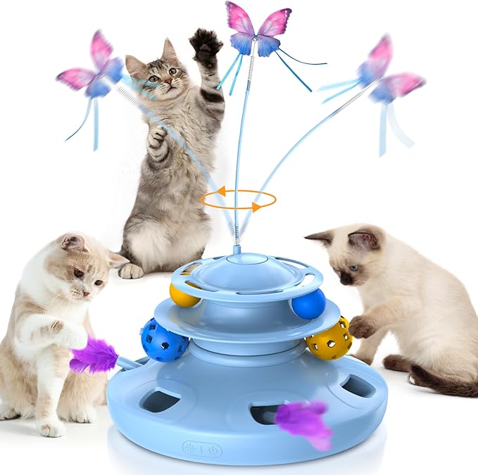 Interactive Cat Toys for Indoor Cats Automatic Cat Toy 4in1 Kitten Toys,Fluttering Butterfly,Random Ambush Feather,Track Balls,Cat Ball Toy for Cat Enrichment USB Charging