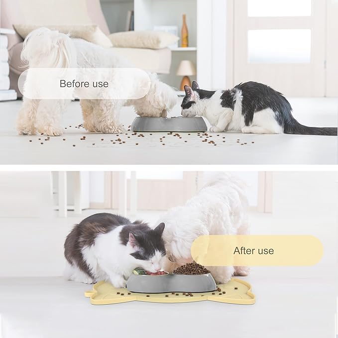 Coomazy Cat Food Mat, Thicker Dog Feeding Mat for Food and Water, Waterproof Non-Slip Silicone Mat for Floor, Dog Food Mat with Raised Edge to Prevent Food Spills and Water Runoff (Yellow, Medium)