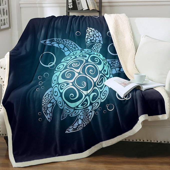 Sleepwish Sea Turtle Fleece Throw Blanket Soft Beach Theme Teal Turquoise Plush Sherpa Blanket for Couch Chair, Throw (50" X 60")