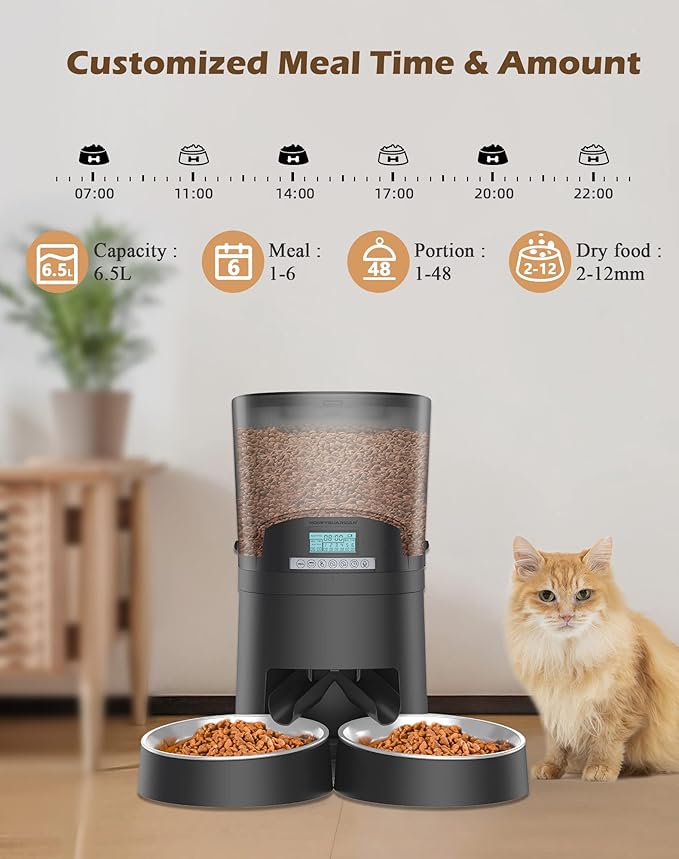 HoneyGuaridan 6.5L Automatic Cat Feeder for 2 Cats,Wi-Fi Smart Pet Feeder,Timer Cat Food Dispenser for Cats & Dogs, APP Control,Desiccant, Voice Recorder Black