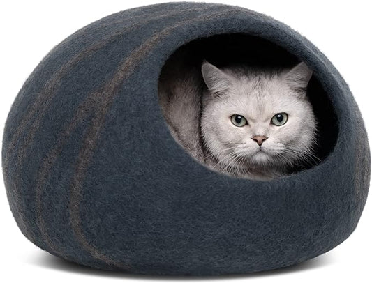 MEOWFIA Premium Felt Cat Bed Cave - Handmade 100% Merino Wool Bed for Cats and Kittens (Dark Shades) (Large, Slate Grey)