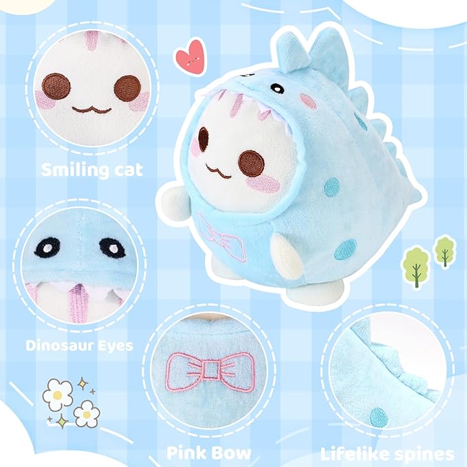 Cat Dinosaur Plush Pillow 8" Dinosaur Stuffed Animal, Soft Kawaii Cat Plushie with Dinosaur Plush Christmas Valentine's Birthday Gift for Kids