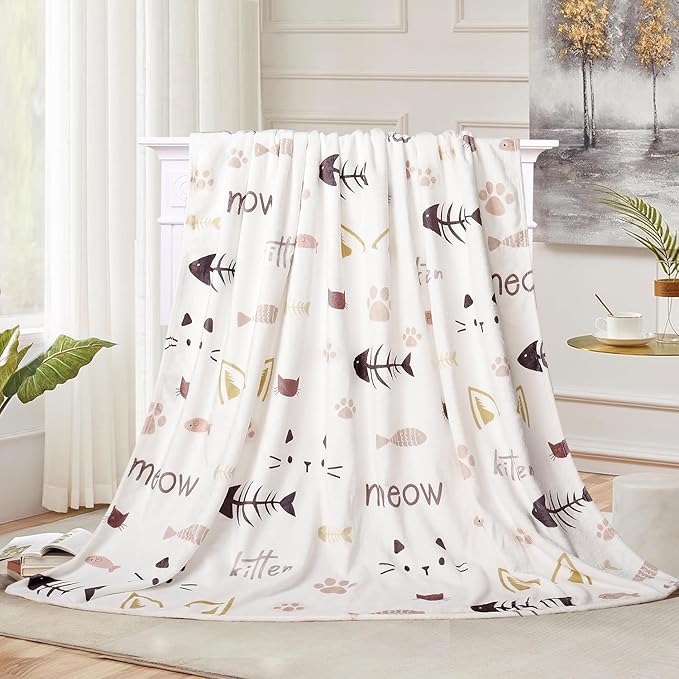Cat Blanket Cute Pet Kitten Print Blankets Cats Lovers Throw Blanket Cat with Fish Plush Throws Blanket Ultra Soft Flannel Fleece Throw Blanket for Couch Sofa Bed 60 X 80 inch