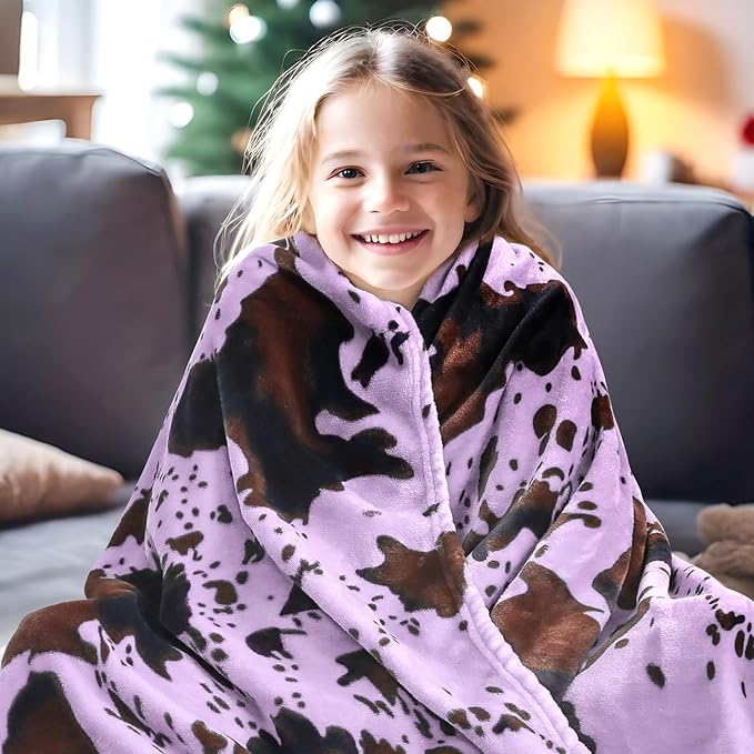 Fleece Throw Blanket - Purple Cow Print, Soft & Cozy, Lightweight for Couch, 60x80 inch