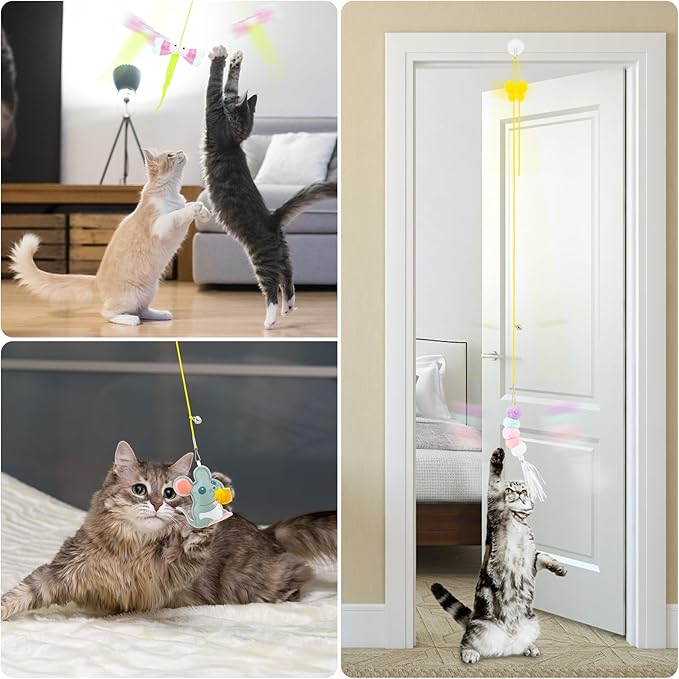 8 PCS Cat Feather Toys Cat Toys Hanging, Interactive Hanging Cat Toy Door Cat Teaser Retractable Door Frame Cat Hunting Toy, Cat Mouse Toy Hanging String Toys for Indoor Kitten Self Play Exercise