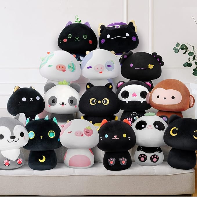 Squishy Cloud-Like Softness, Trending Kawaii Black Cat Mushroom Plush Pillow, A Must-Have Collectible for Young Adults, Perfect for Kids, Toddlers Girls, Stuffed Animal Decor (14")