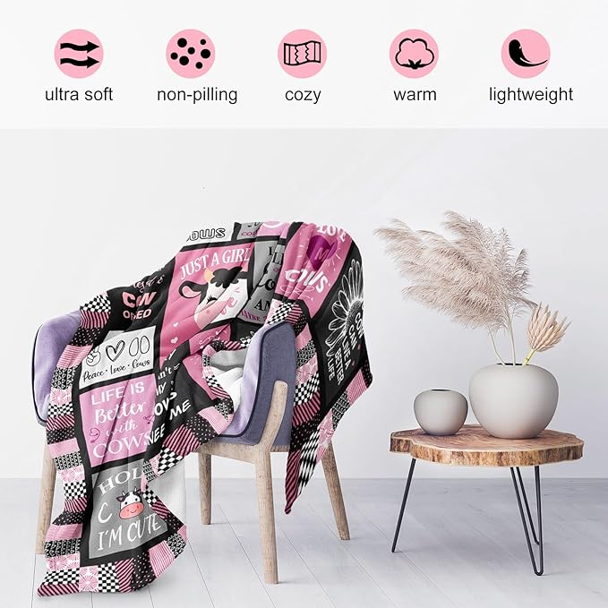 Pink Cow Print Throw Blanket, 60"x80", Cow Lovers Gift, Flannel, Modern Cow Print, Unisex Adults