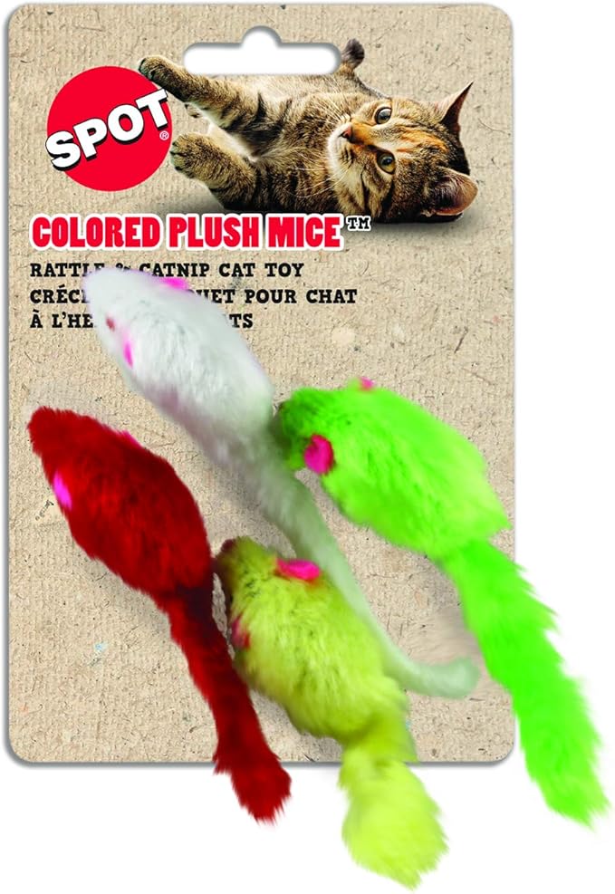 SPOT Colored Plush Mice Cat Toy - Rattle and Catnip Toy for Indoor Cats and Kittens - Bright Colored Classic Toy for Batting and Chasing Around - Fun Entertainment for Hours - 4.5inch Assorted 4-Pack