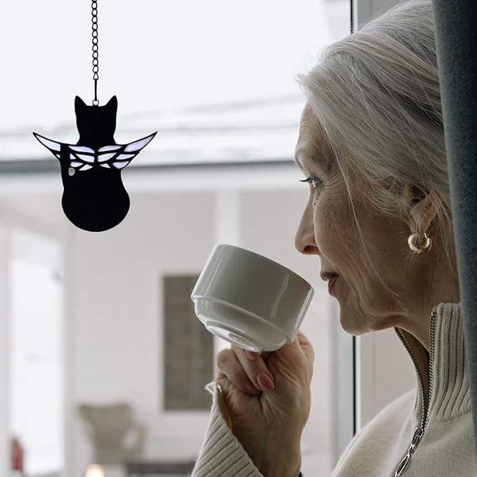 BOXCASA Handmade Black Cat Memorial Gifts - Stained Glass Pet Sympathy Gift with Angel Wings, Window Hanging Memorial Decor for Cat Lovers (Loss of Pet, Rainbow Bridge)