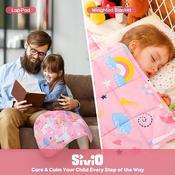 Sivio Weighted Lap Pad 2lbs 100% Cotton Heavy Lap Pad Sensory Throw Pad with Glass Beads Portable Lap Blanket Great for Home Classroom Travel, 19” x 21”, Pink Unicorn