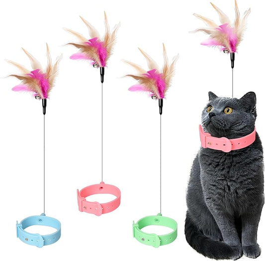 Cat Collars with Cat Feather Toys,3pcs Interactive Cat Toy with Bell for Indoor Cats,Adjustable Silicone Cat Collar Toy(Pink&Blue&Green)